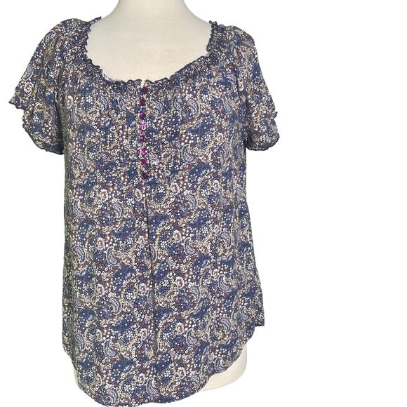 Faded Glory Blue Floral Patterned Peasant Top Blouse Plus Size S 4-6 - Picture 1 of 4